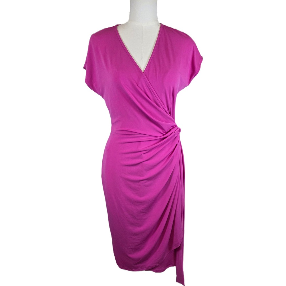 Maggy London Size 12 Fuchsia Short Sleeve Ruched V-Neck Dress w/Side Tie